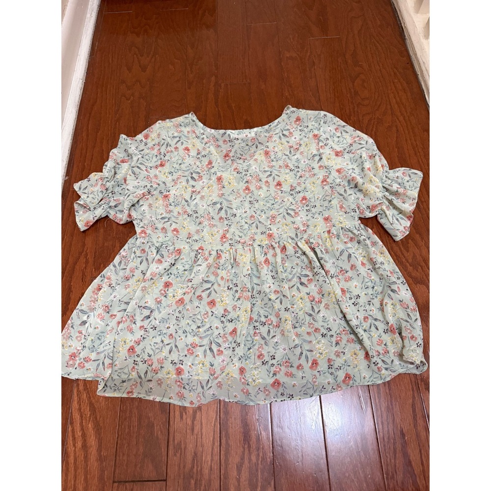 Bombyx‎ M. Moore Floral Babydoll Tie Front Blouse Sage Green Peplum Top Womens - Picture 5 of 5